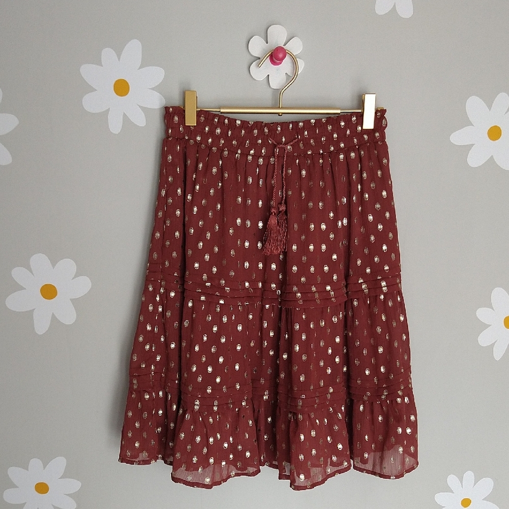 Hudson Gray Rust Gold Metallic Dot Tiered Knee Length Ruffle Skirt Tassel Ties